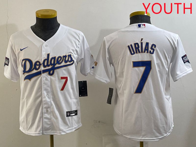Youth Los Angeles Dodgers #7 Urias White Gold 2025 Nike MLB Jersey style 1->youth mlb jersey->Youth Jersey